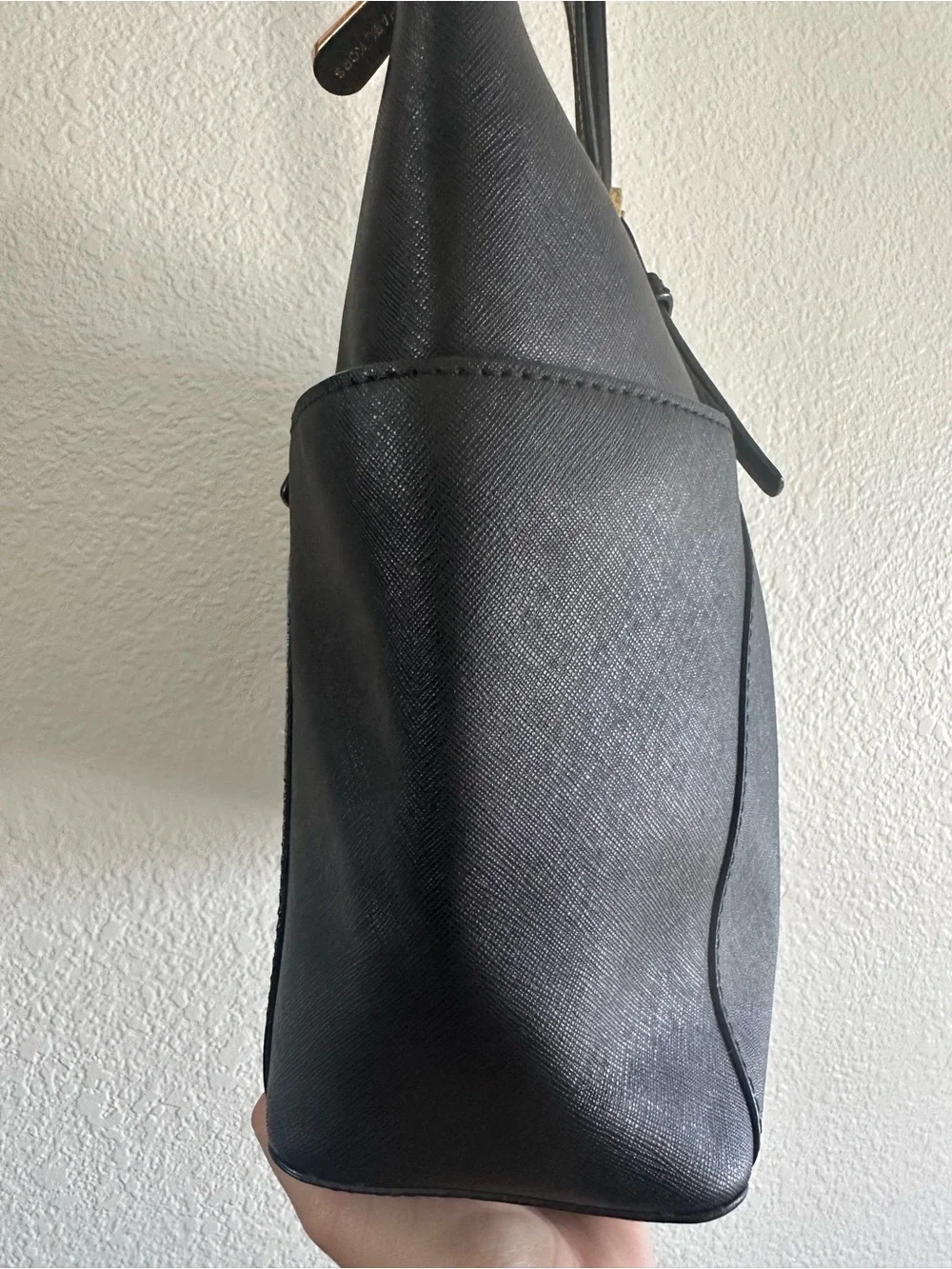 Michael Kors Charlotte Large Saffiano Leather Top Zip Tote Bag Black Gold